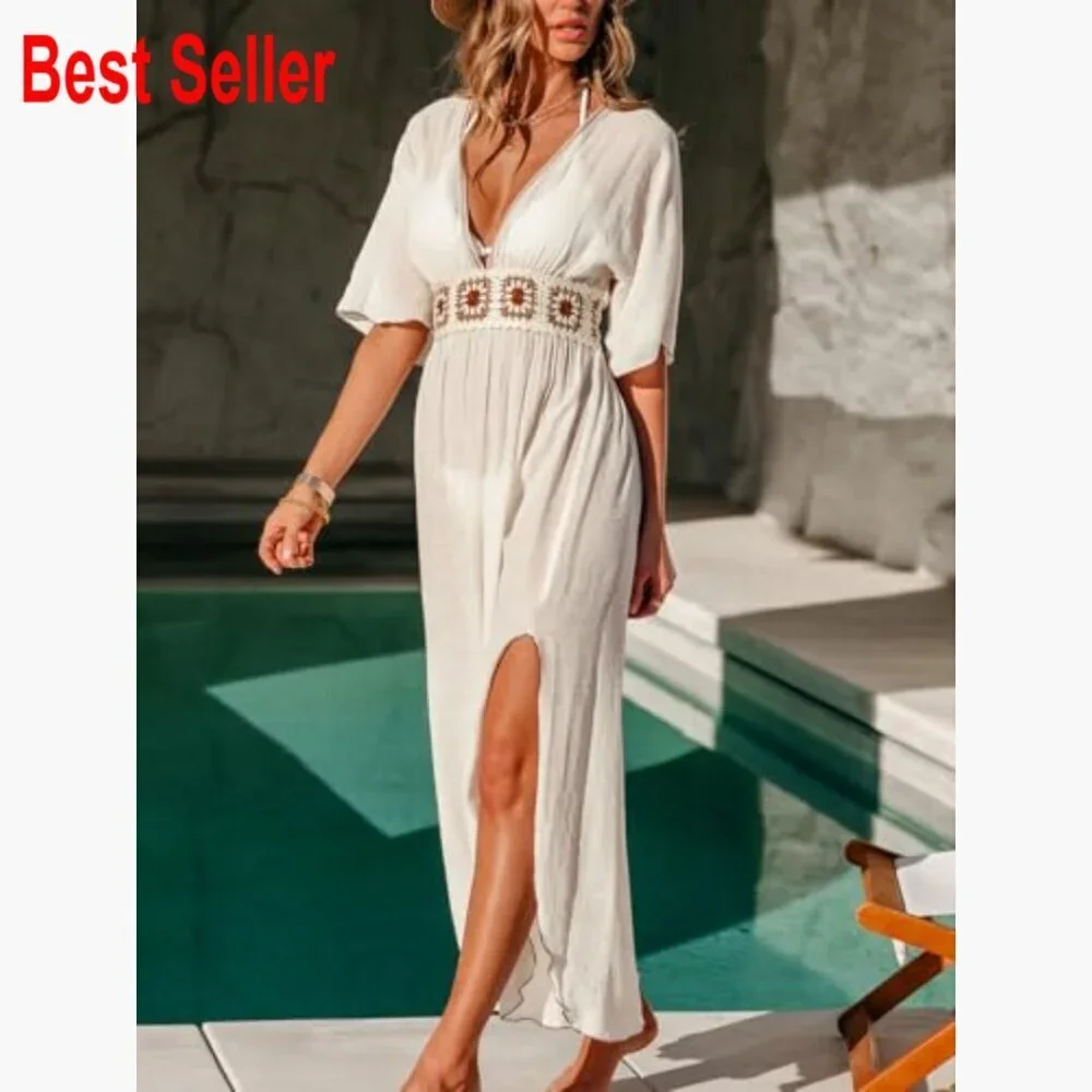 Rayon Blend Maxi Coverup Dress with V Neck and Split Hem